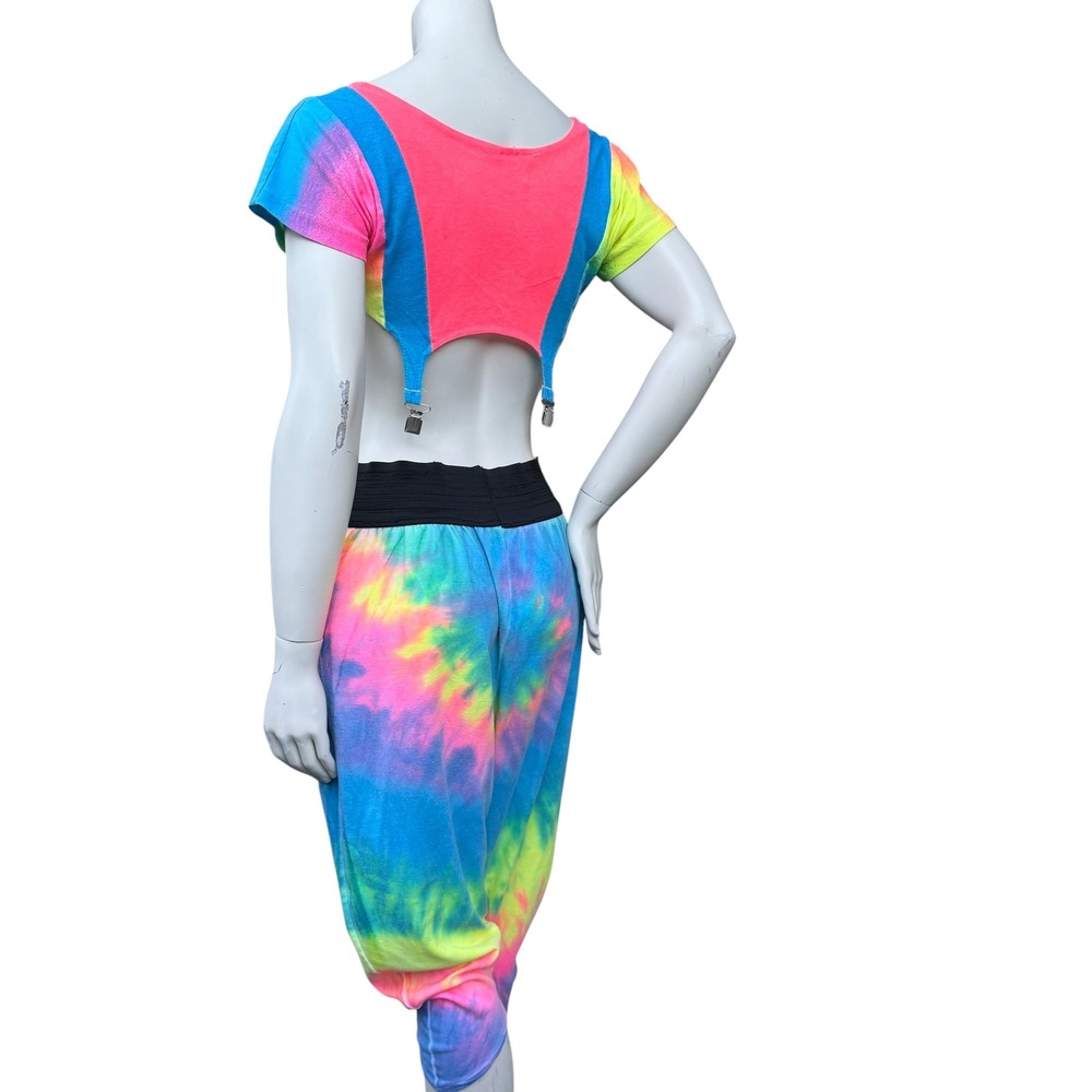Vintage Neon Tie Dye 2Pc Set Suspender Crop Top Harem Pants Dopamine Dressing M - Picture 10 of 16